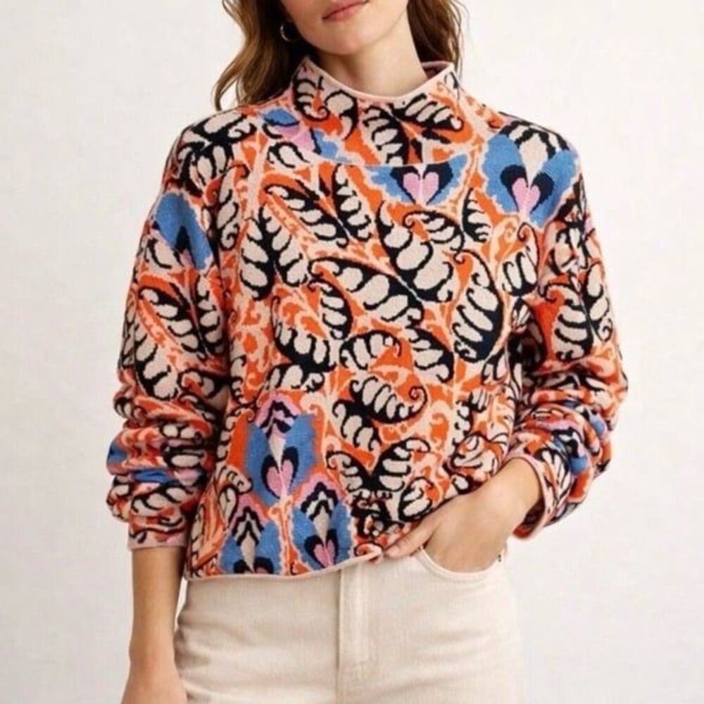 Anthropologie Orange Blue Black Cream Mock-Neck Patterned Sweater